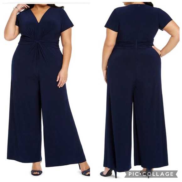 Vince Camuto Jersey Knit V-Neck Jumpsuit Navy Blue 3X Plus Size